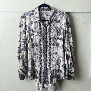 Vintage Rods floral printed long sleeve button down with corset back detail